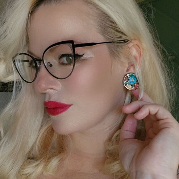 Vintage 1950's Pink & Blue Floral Cloisonne Clip-on Earrings - Picture 3 of 9